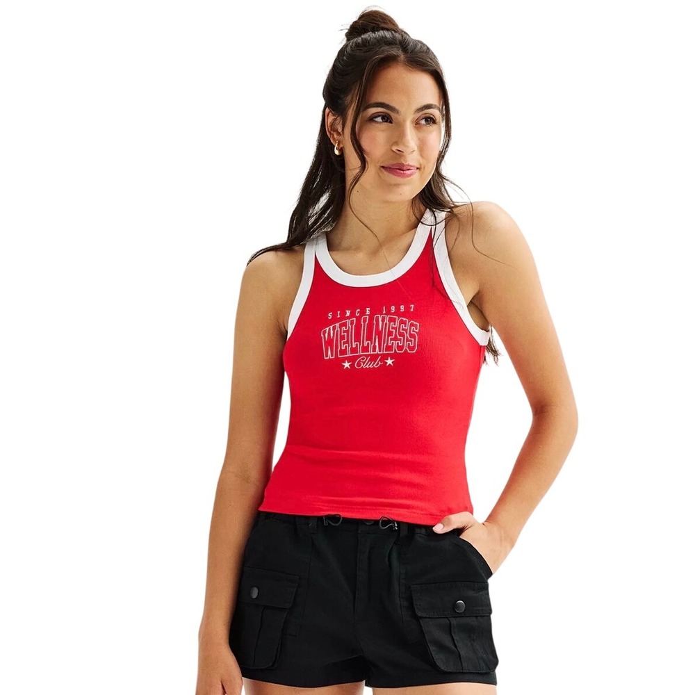 Wellness Club Ribbed Ringer Tank Top Red White Retro Sporty Tennis Prep XS NWT